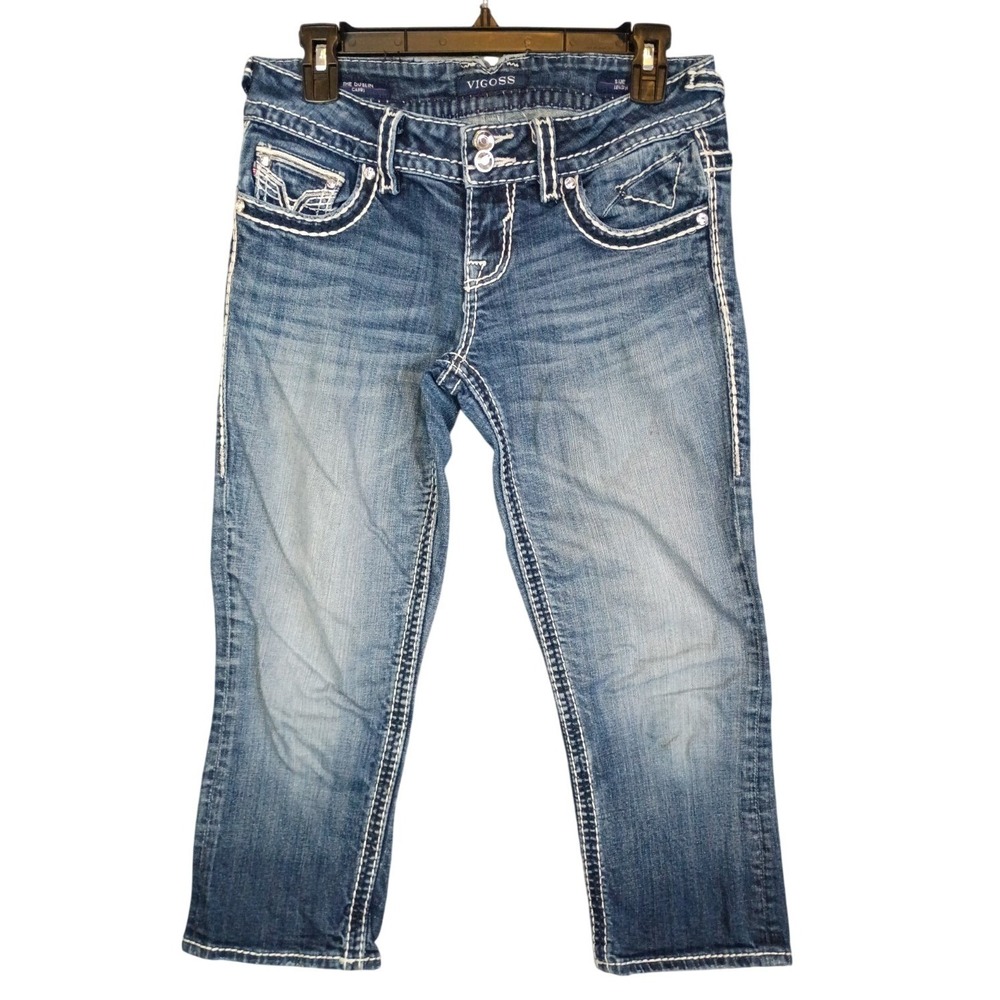 Vigoss Womens 3/4 (Fits 30x22) The Dublin Capri Embellished Dark Wash Denim